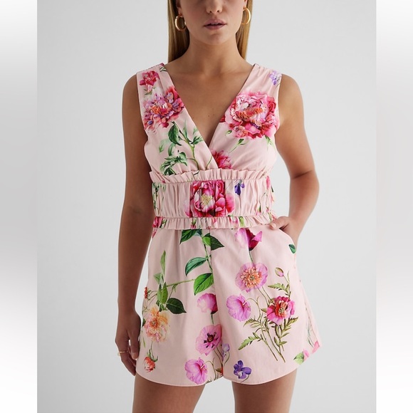 Express Pants - Express Floral V-Neck Embellished Pleated Ruffle Romper
